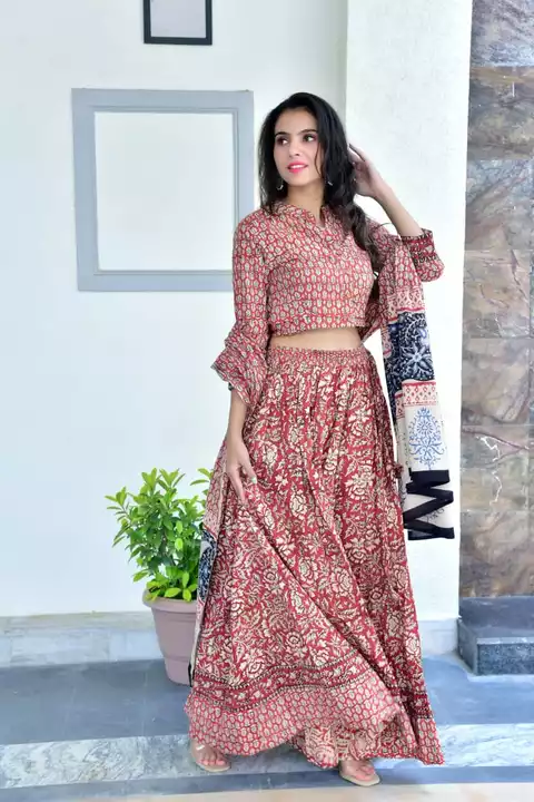 Post image 🎁New collection of cotton bagru printed designer top &amp; skirt with mulmul duptta available..( lehenga choli)

Sizes: 38-46
Skirt length: 40 inch
Skirt circle: 5.5 mtr.
Top length: 16 inch
Dupptta size -2.5 mtr..

Price 00+ shipping

Book now
Ready to dispatch