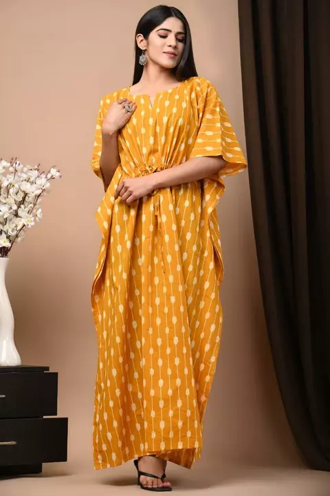 Post image 🍁🍁Summer Collection Of Long kaftan 👘Dress 🌿
Quality and Colour that never goes out of style🌿
Beautifully Hand Printed Cotton Kaftan🌿
🔸️Hand Block Printed **KAFTAN*** Dress 
🔸️Authentic print, with natural colours.
🔸️100% Pure Cotton 🌿
🔸️Free Size.... 
🔸️Length : 50 inch  
🔸️BOOK FAST.
