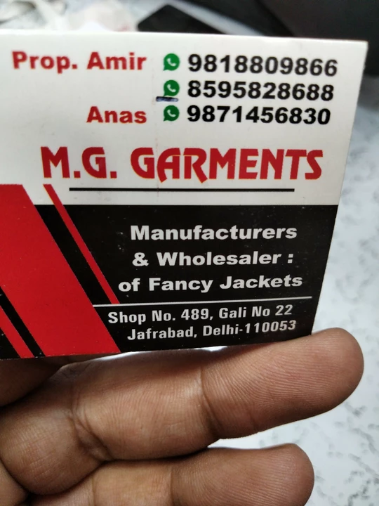 Visiting card store images of MG garments