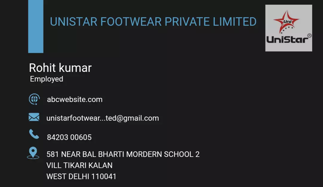 Visiting card store images of UNISTAR FOOTWEAR PRIVATE LIMITED 