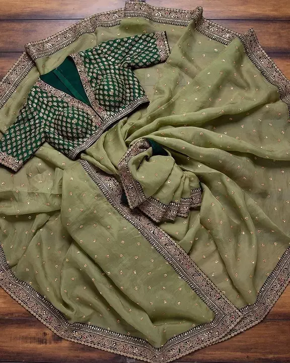 Post image *NEW PRICE ONLY :- 1499/-* SHIPPING ALL INDIA🎁🎁*
*FABRIC : ROYAL GEORGETTE*
*WORK DETAILS : 4:50 MTR FULL WORK IN SAREE &amp; SEQUENCE, HEAVY WORK BORDER &amp; ALL OVER SAREE*
*BLOUSE : BANGLORY SILK Bottle Green WITH SEQUENCE AND ZARI WORK*
*NOTE : UNSTITCHED BLOUSE*
*CUT : 5:50 MTR SAREE AND 1 MTR BLOUSE*

*100% BEST QUALITY**PREMIUM QUALITY 👌🏻**BOOK YOUR ORDERS 📦*
*FULL STOCK AVAILABLE*