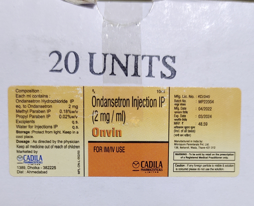 Onvin 10ml (Ondansetron Injection IP 2mg/ml) uploaded by Shree Kapaleshwar Pharmaceutical Distributors  on 9/28/2022