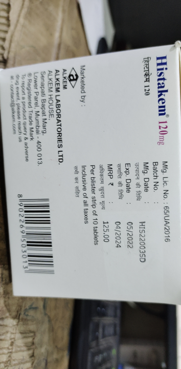 Histakem 120mg Tablets (Wholesale) uploaded by Shree Kapaleshwar Pharmaceutical Distributors  on 9/29/2022