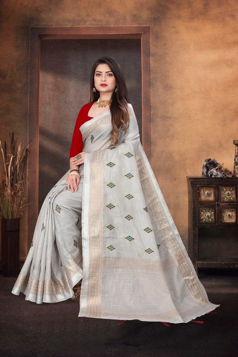 Product image of Linen cotton saree with heavy weaving and heavy embroidery work, price: Rs. 699, ID: linen-cotton-saree-with-heavy-weaving-and-heavy-embroidery-work-6104c96f