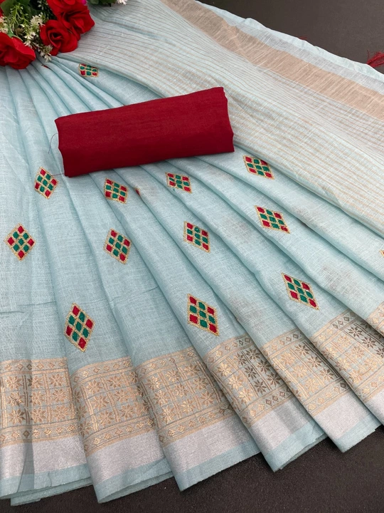 Linen cotton saree with embroidery work uploaded by Ramiv vastra on 10/3/2022