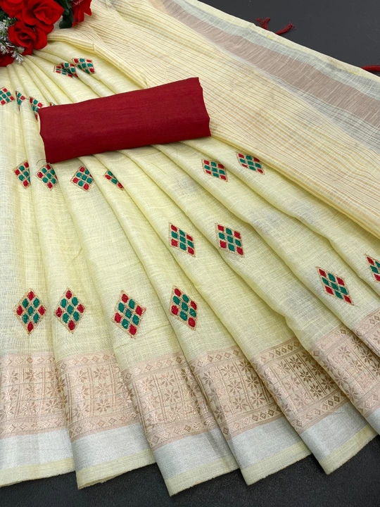 Linen cotton saree with embroidery work uploaded by Ramiv vastra on 10/3/2022