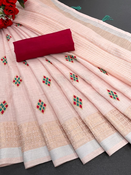Linen cotton saree with Embroidery work uploaded by Ramiv vastra on 10/3/2022
