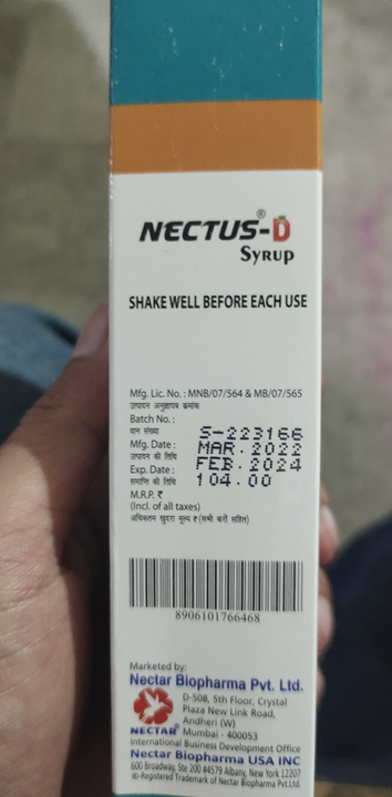 Nectus-D Syrup 100ml (Wholesale) uploaded by Shree Kapaleshwar Pharmaceutical Distributors  on 10/3/2022