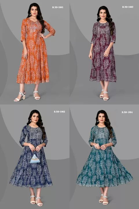 Post image *PUSPA*
         ‘D.No. 1001 to 1004

 Single Pce Available 
*Rate :- ₹ 900/- Nett*

Fabrics :- 
               *HEAVY RAYON Bandhani Print With Emnroidered Stich Work*

Size :- 
            M-38, L-40, XL-42, XXL-44, 3XL-46, 4XL-48 &amp; 5XL-50
Length :- 
                  Max Up to 48”
 Flair :- 
               Approx 2.10 Mtr
Type :- 
             FullyStitched 
                         (ReadyMade)
Weight :- 0.450 kg
Wash:- First Time Dry Clean
    Fully STOCK Available
          *Ready To Ship*
👉 Open (Real) Pic P. Massage