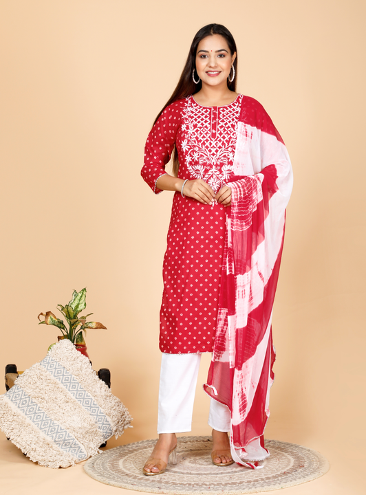 Bandhej Printed Embroidery Kurti with Pant and Dupatta uploaded by SHREE KRISHNAM DESIGNS  on 10/5/2022