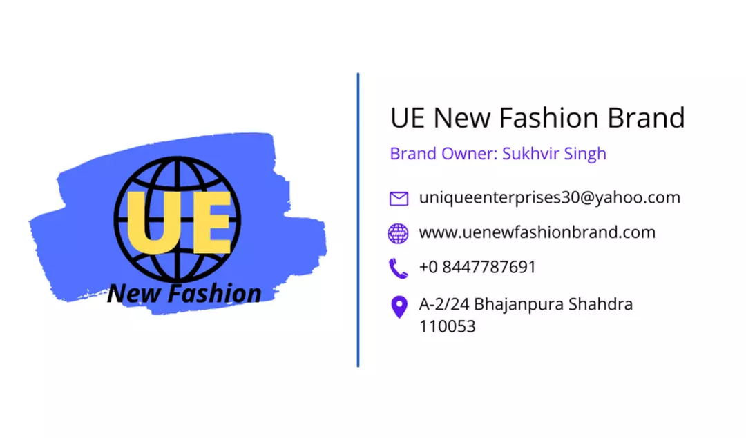 Visiting card store images of UE New Fashion Brand