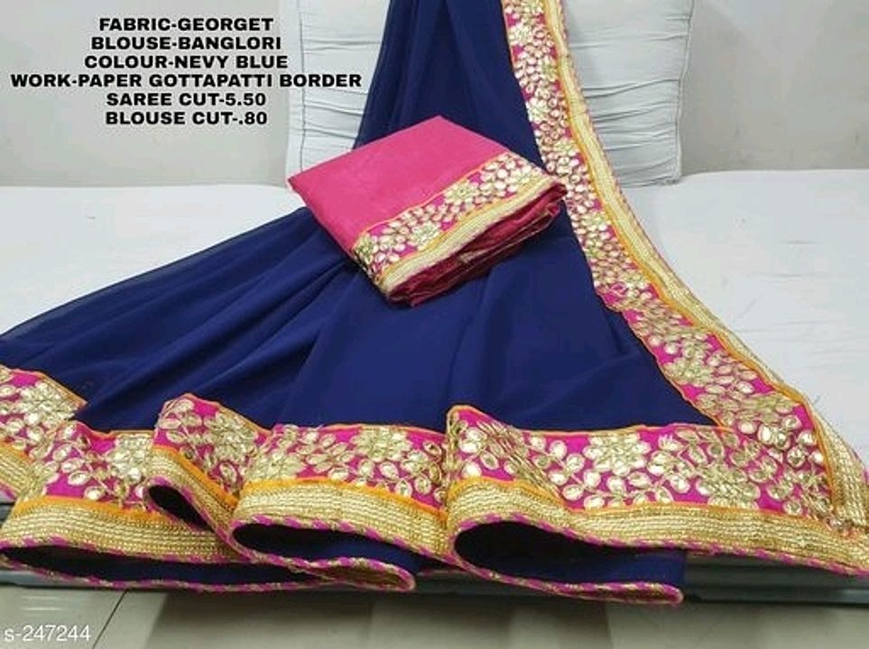 Post image Paper Solid Georgette Sarees with Gota Work

Fabric: Saree - Georgette, Blouse - Banglori Silk
  Size: Saree Length - 5.5 Mtr, Blouse Length - 0.8 Mtr
  Work: Paper Gota Patti Border With Pipin

Price - Rs.699/-
Free shipping
Free Cash on delivery available