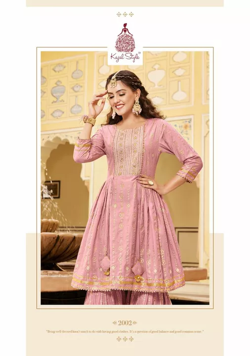 Post image GHOOMAR

📣  📣  📣
*KAJAL STYLE*

Catalogue name: 
🌟 *Lavish Vol.2* 🌟

✨Details:

🧥Pattern :- *Kurti with Flair Sharara &amp; Plazzo*

👗Fabrics - 
*▶️ Heavy Cotton*
*▶️ Fancy Embroidery work*
*▶️ Classy Prints*

🎗Size - *MANTION ON PHOTO 

🌈 Length —&gt; *38 to 40*

☣Designs - *8️⃣ pcs*

*💵Price :- 1190+$/-*


🏃🏼🏃🏼🏃🏼hurryyy uppp....Book your order now...🤷‍♂🤷‍♂🤷‍♂