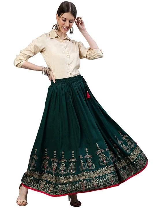 Rajasthani Jaipuri Women Traditional Ethnic Flared Gold Print Long Skirt Elastic with free size uploaded by KINGS CREATIONS on 10/8/2022