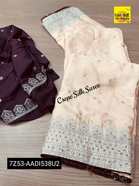 Pure Crepe Silk Saree With Beautiful Embroidery Along With Crepe Silk Blouse uploaded by Supriya label on 10/9/2022