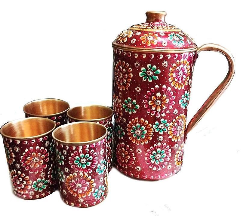 Traditional hand painted copper Jug and glass set uploaded by business on 6/29/2020