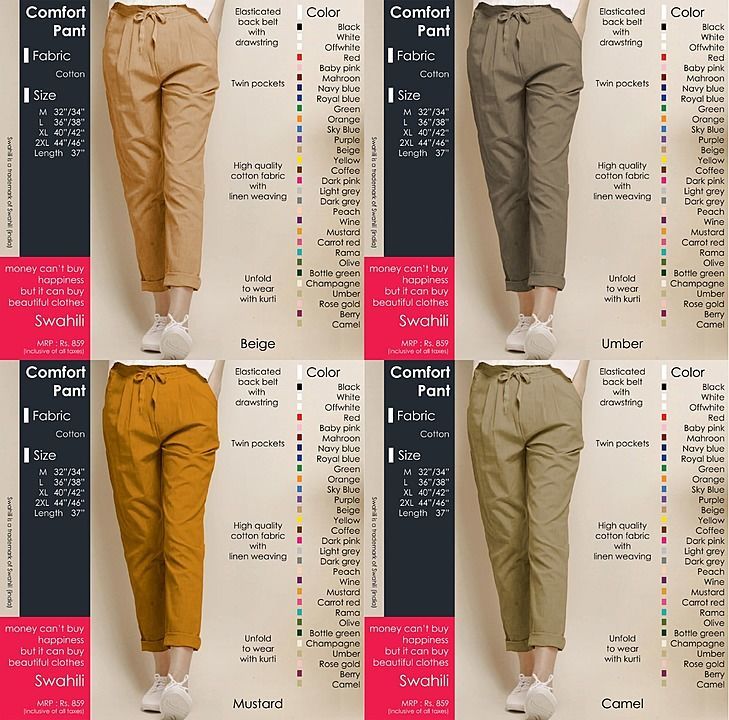 Post image *Comfort Pant*
*Elasticated back belt
*Front tieup drawstring
*Two Pockets
*Cotton fabric with linen weaving
*Full ankle length
*30 colors options

Fabric : Cotton
Waist Sizes :
M-32"/34"
L-36"/38"
XL-40"/42"
2XL-44"/46"
Length : 37"