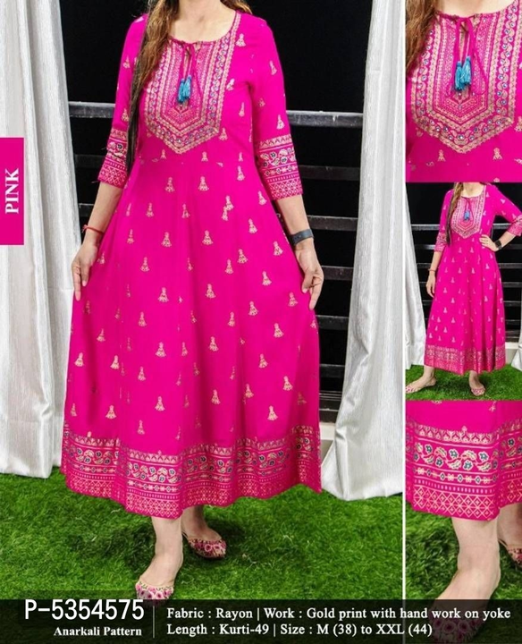 Post image Price:450/-Only ❤️👈👌Anarkali Kurti Gold print with Hand work for Women
Size: MLXL2XL
 Color:  Pink
 Fabric:  Rayon
 Type:  Stitched
 Style:  Printed
 Design Type:  Anarkali
 Occasion:  Party
 Pack Of:  Single
Within 7-9 business days However, to find out an actual date of delivery, please enter your pin code.
Anarkali Kurti Gold print with Hand work for Women