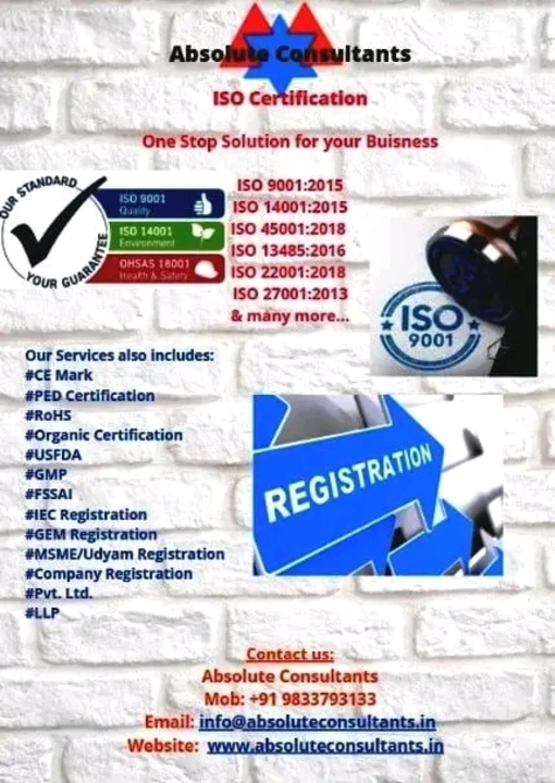 Post image Get Your Organization / Firm ISO Certified Today. 
Call Now - +91 8291359597 / +91 9833793133
https://www.facebook.com/isoabsoluteconsultants