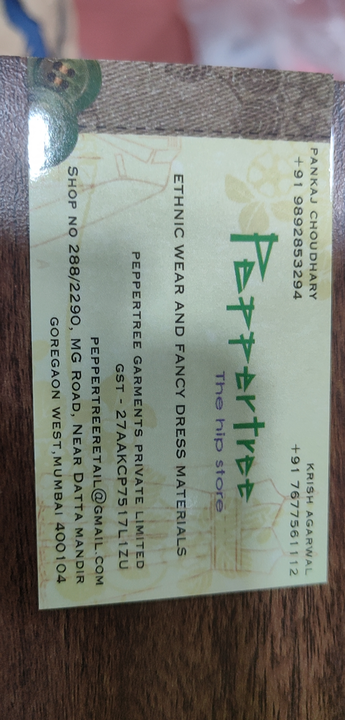 Visiting card store images of Peppertree garments pvt ltd