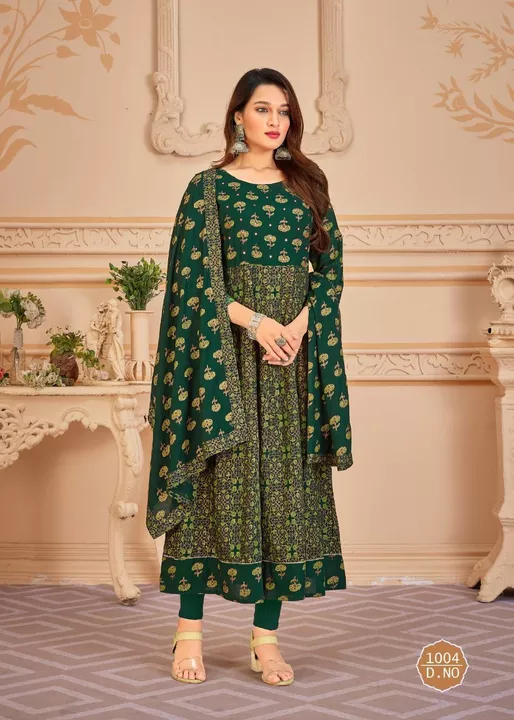 Post image *PANKH V-6*
       Top &amp; Dupatta 
              D.No. 1001 to 1005

 Single Pce Available 
*Rate :- ₹ 1000/- Nett*

Fabrics :- 
                 HEAVY RAYON (14kg) With Multi Colour Foil Print With Mirror Work

Size :- 
              L-40, XL-42, XXL-44, 3XL-46, 4XL-48, 5XL-50 &amp; 6XL-52
Length :- 
                  Max Up to 52”
 Flair :- 
               Approx 2.30Mtr 
              
Designs :-  1 Design =
                           5 Colours
Type :- 
             FullyStitched 
                         (ReadyMade)
Weight :- 0.600kg
Wash:- First Time Dry Clean
    Fully STOCK Available
💯% Original Premium Quality Available
👉 Open (Real) Pic P. Massage