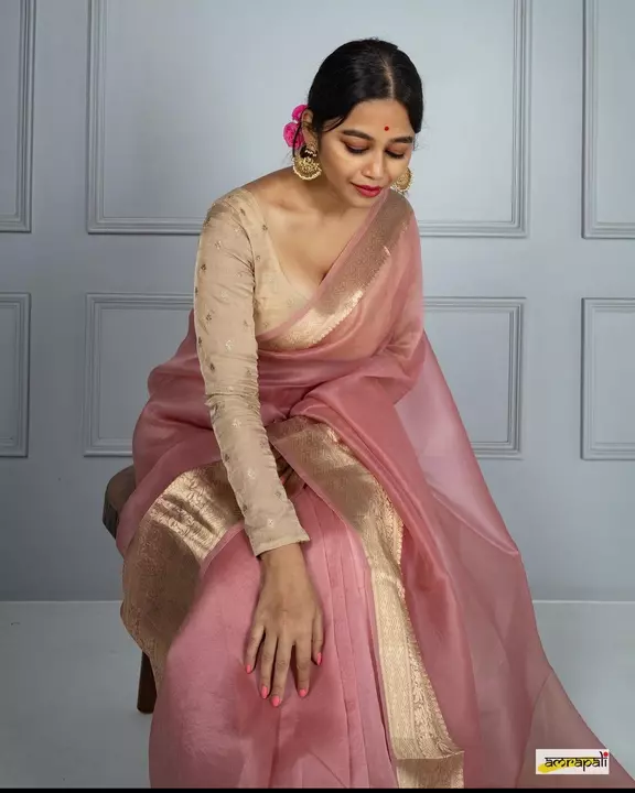 Post image Aur ganja silk contrast blouse designer saree pink saree golden border