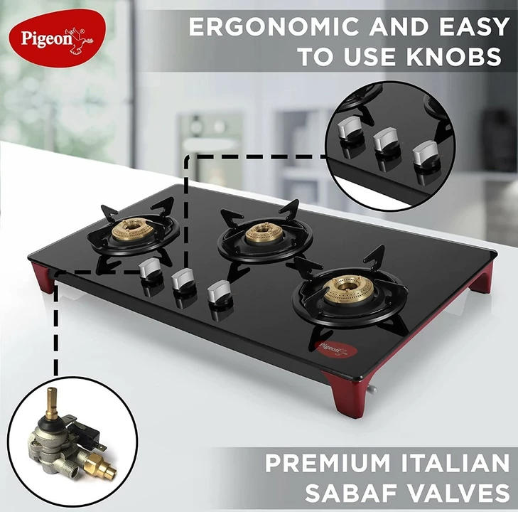Pigeon Infinity Glass Stove, Cooktop with Glass Top and Stainless Steel body 3 Burner Gas Stove uploaded by Hari Om Enterprises on 10/15/2022