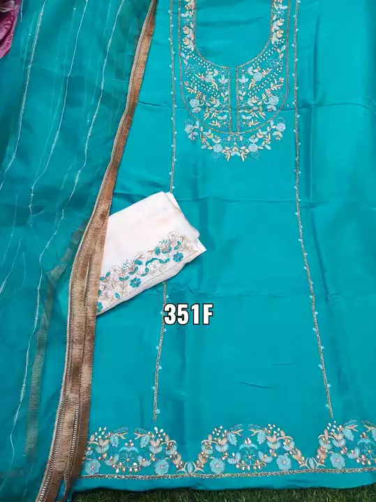 Post image 🥳🥳🥳Abhi suits presents🥳🥳🥳
Top 2:50 mts pure upada silk Fancy thread + hand work also 
Bottom 2:50 mts fancy work 
Dubbta organja  four side fancy work with cequnce liness 2:40 mts 
Msp 1650₹
Same day dispch🥳🥳🥳🥳
Limted stock🥳🥳🥳