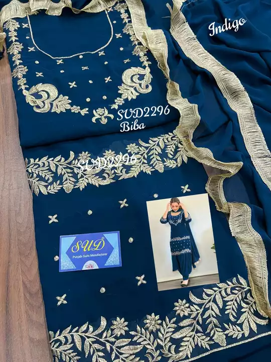 Product id SUD2296
 *Biba* 
♣️5 meter georgette embroidery 
♣️Dupatta georgette four side kiren lace uploaded by business on 10/15/2022