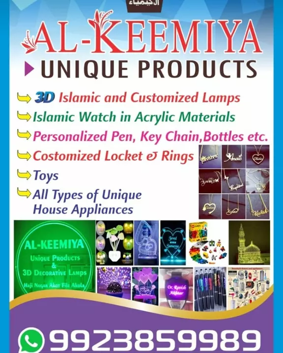 Post image Assalamualaikum warahmatullahi wabarakatuh

*We are Dealing in Online Unique* *Products, Acrylic Islamic and Personalised 7 Color Changing 3D LED Night lamp,*
*Wedding Gifts, Wedding anniversary Gifts and House decorative, Cafe, Restaurant and Parties Products and Toys, Personalize Locket Pen, Key Chain, Bottles and Others Unique Personalize Gadget and all types of House Unique Appliances* etc..

Whatsapp: 9923859989

Or visit toTelegram Link
 ,https://t.me/+LRnXzbcIWsEyOT.  *Whatsapp group link*       https://chat.whatsapp.com/GzCCvUj3Dmv4vP4NbitL5Z