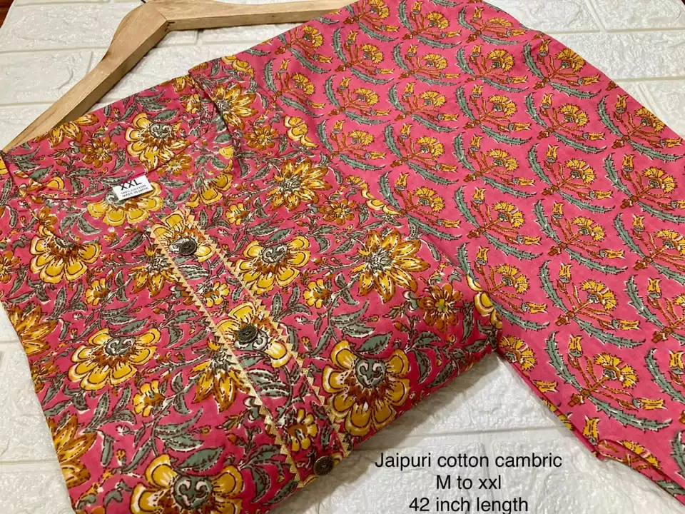 Post image *Jaipuri cotton cambric 60/60*
Kurti length written on pics Pant 38-39 inch
M L XL XXL38 40 42 44
Breathable clothFine quality Cambric print Jaipuri 
699+ship