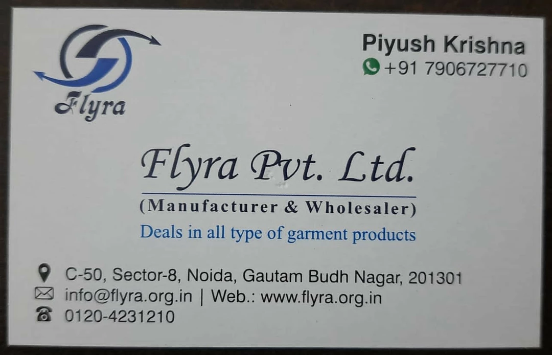 Visiting card store images of Flyra pvt ltd