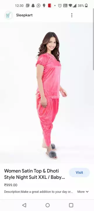 Product image of *PATYALA NIGHT SUIT*

FABRIC.SARTIN 

SIZE.ADULT .L .XL ONE SIDE

MIN ORDER.100 PIECES

*RATE.150 RS, price: Rs. 150, ID: patyala-night-suit-fabric-sartin-size-adult-l-xl-one-side-min-order-100-pieces-rate-150-rs-f1efb972