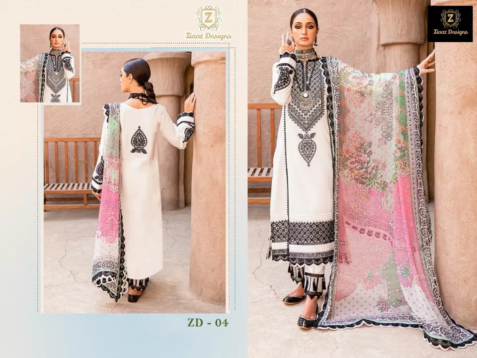 Post image Ziaaz Designs - brand that speaks for itself❤️
Aaliya Zd 04 semi stitched❤️
Jaam cotton semi stitched kameez with lucknowi style ❤️embroidery and heavy borders.Unstitched cotton bottoms. Chiffon beautiful heavy embroidered  borders dupatta with cutwork.
Ready stock😍😍 
1280+shipping
