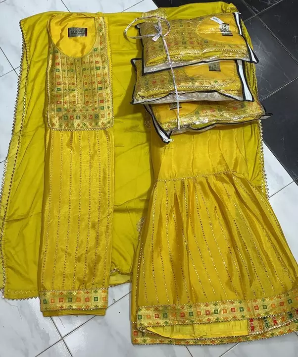 Yellow special,Party wear sharara, sharara stitch, Top unstitched, uploaded by Al haram cloth emporium on 11/6/2022
