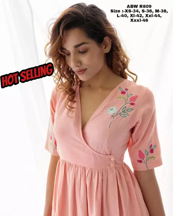 Post image 🛍️ *READY TO DISPATCH 🤩 🛍️ READY TO DISPATCH* 🤩
This peach colored wrap dress is beautifully crafted in khadi and features delicate floral embroidered half sleeves, a gathered waist and a cute buttoned front opening. Pair this dress with your favorite earrings and heels for a brunch out with the girls.👗👗
Code:- ABW R809
Size :-XS-34, S-36, M-38, L-40, Xl-42, Xxl-44, Xxxl-46 
Fabric:- Soft Cotton
*Price:- 1099 Free Shipping*       📌 Less on bulk Qty🛍 Happy Shopping 🛍
#fashion #ootd #iluvabw #instafashion
🛍️ *READY TO DISPATCH 🤩 🛍️ READY TO DISPATCH* 🤩