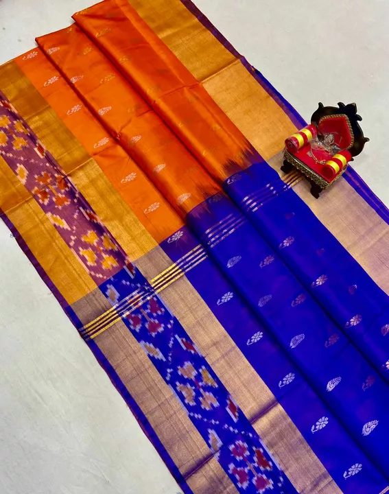 Post image * Laksha Butta Pochampally sarees*
💁Beautiful collection 🍇💁Light weight Sarees 🪁💁Contrast pallu and plain blouse 
Price 6500— only* 
 *Happy shopping* 🛍