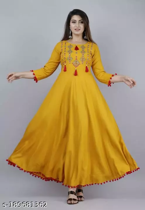 Post image Fabric: Rayon Sleeve Length: Three-Quarter Sleeves Pattern: Embroidered Combo of: Single Sizes: S, M, L, XL, XXL Women Embroidered Viscose Rayon Anarkali Kurta Country of Origin: India