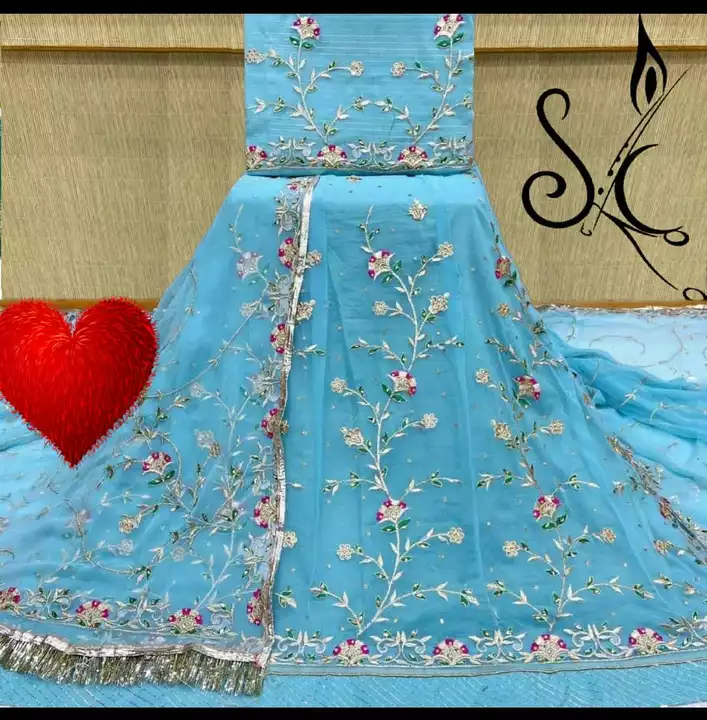 Post image *Good Quality Half pure fabric with New colour Range*
*Hevy zari work and stone touch work *
*Hevy Odhni with four side with zaal work with gotta turri*
*With Hevy Kurti work and astin work*
*Astr and Magji complete dress*
*Singal suit price =1375+ship*