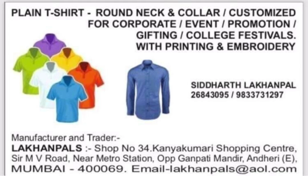 Post image I want 50+ pieces of Tshirt at a total order value of 500. I am looking for Looking for tshirt manufacturers tshirt printers tshirt wholesalers in Mumbai call on 9833731297 . Please send me price if you have this available.