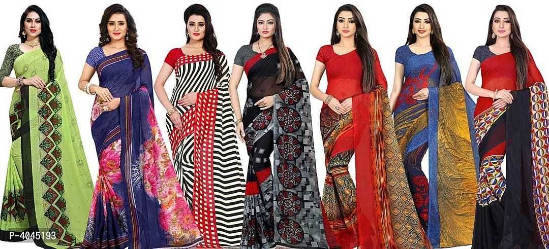 Post image *Stylish Printed Daily Wear Faux Georgette Saree ( Pack Of 7 )*

 *Size*: 
Free Size(Saree Length - 5.25 metres) 
Free Size(Blouse Length - 0.75 metres) 

 *Color*: Multicoloured

 *Fabric*: Georgette

 *Type*: Saree with Blouse piece

 *Style*: Printed

 *Design Type*: Daily Wear

 *COD Available*

 *Free and Easy Returns*:  Within 7 days of delivery. No questions asked 

 *Delivery*: Within 6-8 business days


⚡⚡ Hurry, 7 units available only