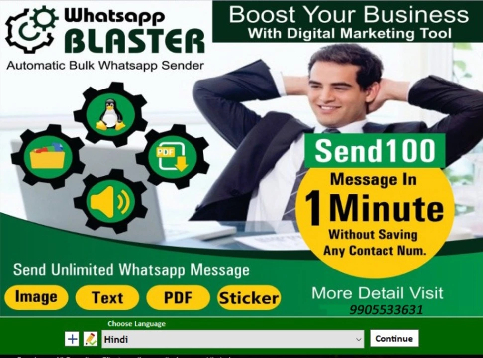 Post image BulkWala Whatsappp Blaaster Software: BulkWala is the Indias Fastest Whatsappp Message sender software. Send 100 Message in one minute. Send Brochures, PDF, Photos, Video Links in messageSend without storing the contacts in your phone, Copy / paste from excel
Feature of WhatsApps Blasster Software1. Send messages with all platform: Text, document, excel, word, picture, video, audio.2. Import millions of data from CSV file.3. Saving received messages.4. Unlimited number of messages.5. The cheapest software price in the Automatically send messages.6. Report the process of sending the messages.7. Complete the software installation in 1 minute.8. Upgrade the software regularly advantage.
How to setup the trial demo1. click on https://websecureitsolution.tech/BulkWala.msi2. Setup this downloaded file on local folder3. Send me(admin) activation Key 4. Put the generated code whatever sent through admin
Thanks &amp; RegardsWebSecure IT SolutionAdd: Gaya &amp; NoidaWeb: www.websecureitsolution.techContact: +91 9905533631/9015098203