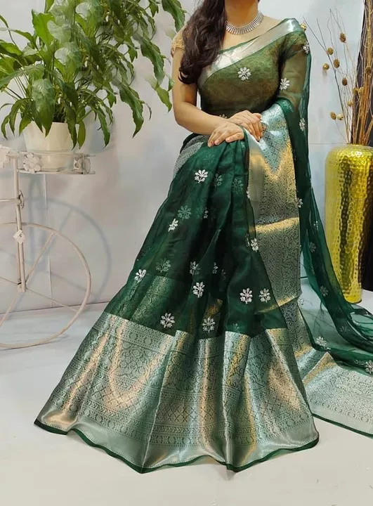 pure organza jacquard sequence flower silver Zari butta in all over full 5.50meter saree work uploaded by Gulmahor Collection on 11/18/2022