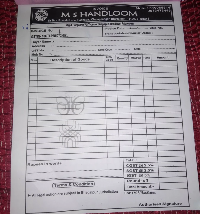 Visiting card store images of M S handloom 