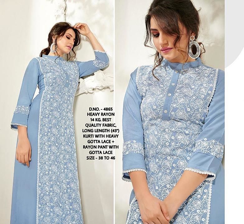 Post image 👗 *Heavy Rayon 14 Kg. Best Quality Fabric Long Kurti (43”) With Discharge Print, Gotta Detailing + Heavy Rayon Pant With Gotta Detailing* 👗

⭐ *D.NO. -  4865*

⭐Size: *M/38, L/40, XL/42, XXL/ 44, XXXL/46*

⭐Fabric: *Heavy Rayon 14 Kg. Best Quality Fabric In Kurti &amp; Pant*

*WORK :- Discharge Print &amp; Gotta Detailing Work In Kurti &amp; Pant*

🤩Price: *999/-* 😍😍

⭐Same Day Dispatch✈️