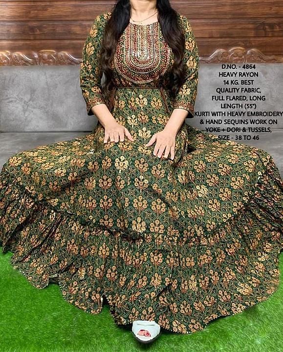 Post image 👗 *Beautiful Heavy Rayon 14 Kg. best Quality Fabric, Full Flared, Long Floor Length (55”) Kurti With Heavy Hand Adda Sequins Work, Embroidery work On Yoke + Both Side Dori &amp; Tussels + Heavy Frills Work* 👗

⭐ *D.NO. - 4864*

⭐ Size: *M/38, L/40, XL/42, XXL/44, XXXL/46* 

⭐Fabric: *Heavy Rayon 14 Kg. Best Quality Fabric In Kurti*
 
⭐ Product: *Heavy Rayon 14 Kg. Best Quality Fabric Floor Length (55”) Kurti*

⭐Work: *Heavy Embroidery Work + Heavy Hand Adda Sequins Work On Yoke + Both Side Dori With Tussels, Heavy Frills In Flare*

🤩 Price: *1499/-*

⭐ *Same Day Dispatch*✈️✈️✈️