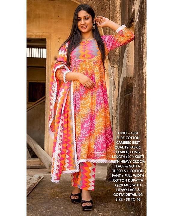 Post image 😍 *D.NO. - 4861* 😍

👗 *Beautiful New Design Bandhej &amp; Tye - Dye Printed Work Cotton Cambric Best Quality fabric Long Length (50”) Kurti With Heavy Crocia Lace &amp; Gotta Tussels + Cotton Fabric Pant + Dupatta (2.20 Mtr. Cotton Fabric, Full Width) With Heavy Crocia Lace &amp; Gotta Laces Detailing On All 4 Side Borders* 👗

⭐ Size: *M/38, L/40, XL/42, XXL/44, XXXL/46* 

⭐Fabric: *Cotton Cambric Best Qualty Fabric In Kurti &amp; Pant &amp; Dupatta- Full Width*

⭐ Product: *3 PIECE SET - Kurti + Pant + Dupatta ( Cotton Fabric 2.20 mtr.) Full Width*

🤩Single Piece Price: *1249/- FREE Shipping*

⭐ *Same Day Dispatch*✈️✈️✈️
*(100% quality products guarantee)*