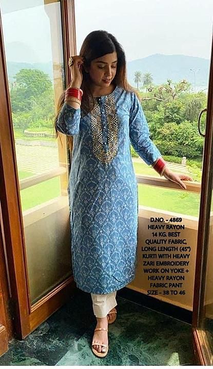 Post image 👗 *Heavy Rayon Fabric Kurti With Full Heavy Zari Embroidery Work On Yoke + Heavy Rayon Fabric Pant* 👗

⭐ *D.NO. -  4869*

⭐Available Size: *M/38, L/40, XL/42, XXL/44, XXXL/46*

⭐Fabric: *Heavy Rayon Best Quality Fabric Kurti &amp; Pant *

*WORK :- Heavy Reyon Fabric Kurti With Heavy Zari Embroidery Work + Heavy Rayon Fabric Pant*

🤩Price: *999/-  Free Shipping* 😍😍

⭐Same Day Dispatch✈️