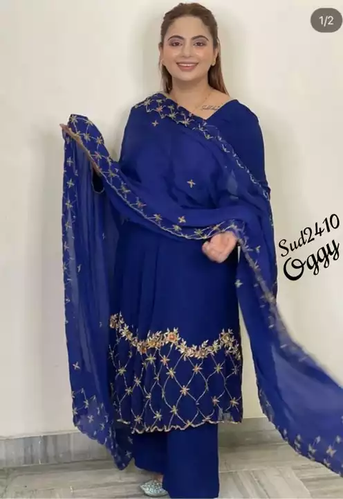 Post image Product id SUD2410 *Oggy* ♣️5 meter georgette embroidery + sequence work ghera embroidery ♣️Dupatta georgette embroidery and sequence work + scelping *New cocept sequence and embroidery at very less range *~Market price 1000~*SUD SALE PRICE 750 free ship*same day dispatch _For detail see video_