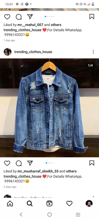 Post image I want to buy 4 pieces of *Men's Casual Denim Jacket* . My order value is ₹1800. Please send price and products.